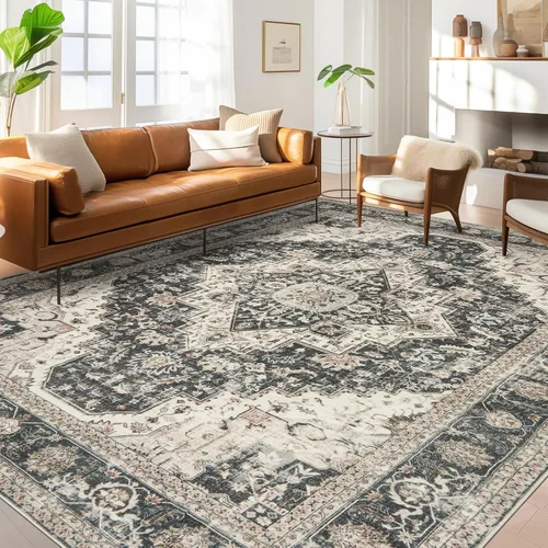 Miniatura 28 de Roxstand Alfombras de 2,44 x 3,05 m para sala de estar, alfombra vintage lavable con respaldo antideslizante, alfombra grande resistente a manchas