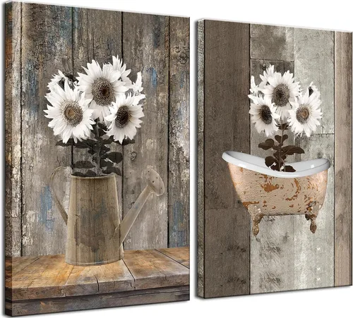 2 piezas enmarcadas de lienzo rústico con girasoles blancos para pared, diseño de flores vintage de grano de madera para bañera, cuadros de pintura,