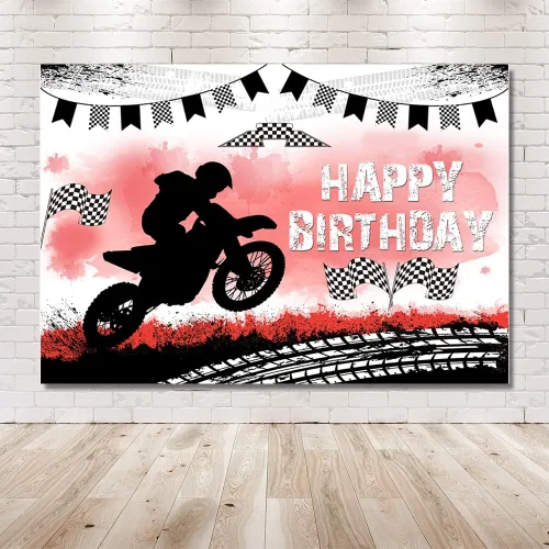 Miniatura 6 de MEHOFOND Telón de fondo de feliz cumpleaños, decoración de fiesta de motocross, telón de fondo de pista de neumáticos de motocicleta, suministros