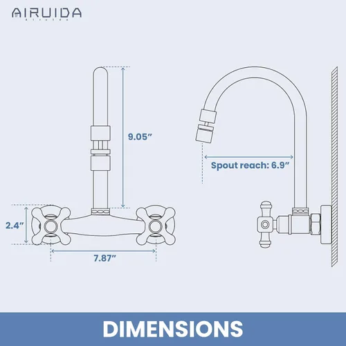 Miniatura 9 de Airuida Grifo de cocina de montaje en pared con rociador, grifo de fregadero de cocina montado en la pared, asas dobles cruzadas, boquilla giratoria