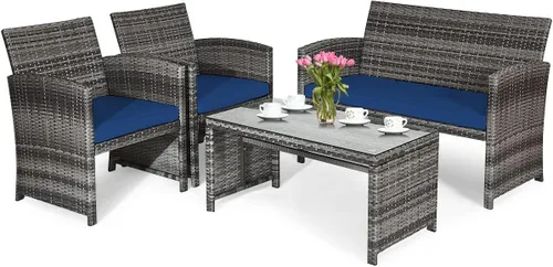 Miniatura 10 de HAPPYGRILL Juego de 4 piezas para conversación de patio con cojines suaves, juego de muebles de ratán con mesa de centro de mimbre de polietileno