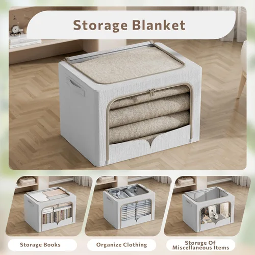 Miniatura 2 de FHSQX Paquete de 3 contenedores de almacenamiento de ropa, caja de almacenamiento plegable con marco de metal, juego organizador apilable de tela