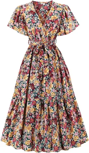 Saeohnssty Colorful Floral Print V Neck Wrap Elegant Party Women Long Dress Flare Sleeve High Waist Belted Vintage Dress