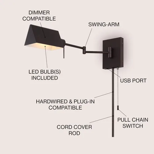 Miniatura 3 de JONATHAN Y Aplique de pared con brazo oscilante dorado de latón de 22 pulgadas, enchufable o cableado con puerto de carga USB y cadena de tracción