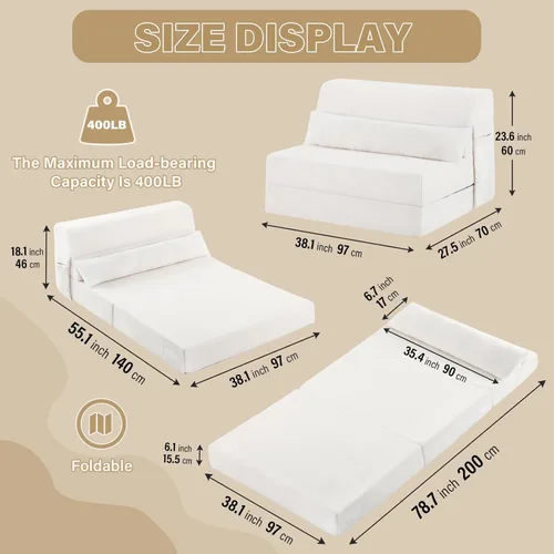 Miniatura 3 de Tiita - Colchón plegable convertible para sofá cama con almohada y bolsillo lateral, colchón de tela de felpa para el suelo, funda lavable