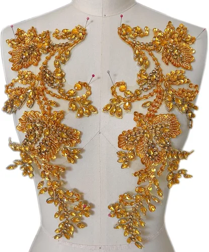 Miniatura 15 de Apliques de cuentas y diamantes de imitación hechos a mano para coser en parche de encaje de cristal, 1 par para ropa de bricolaje, vestido de Plata