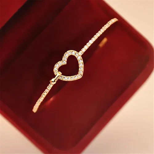 Miniatura 4 de JUNYY Delicada pulsera con dije de corazón hueco de diamantes de imitación para mujeres y niñas, pulsera de fiesta de cumpleaños (dorado)