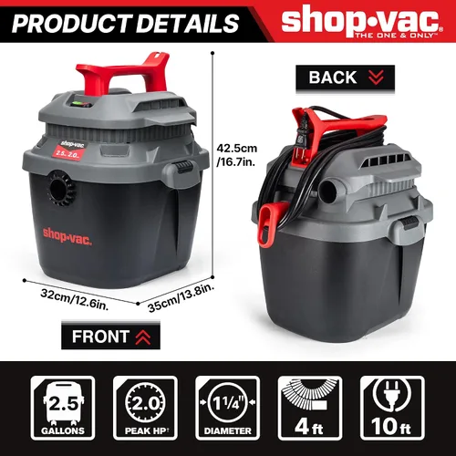 Miniatura 3 de Shop-Vac 2.5 galones 2.0 HP máximo húmedo seco aspiradora con soplador, Shopvac portátil de montaje en pared con cable de 10 pies, manguera de 1.25
