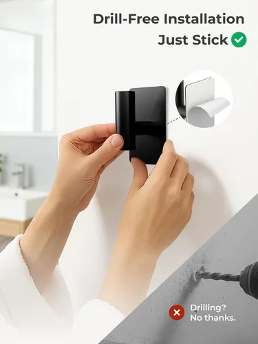 Miniatura 3 de GWAAZXGZ Ganchos para toallas de baño, paquete de 2, acabado negro mate, ganchos de pared adhesivos de acero inoxidable en forma de T para batas