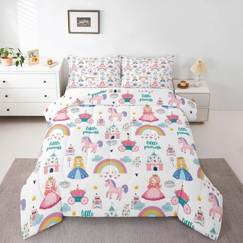 Miniatura 38 de Juego de Edredón de Princesa de Ballet para Niñas Tamaño Individual, Juego de Ropa de Cama de Castillo Arcoíris Kawaii Flores Lindas Mariquita Multi