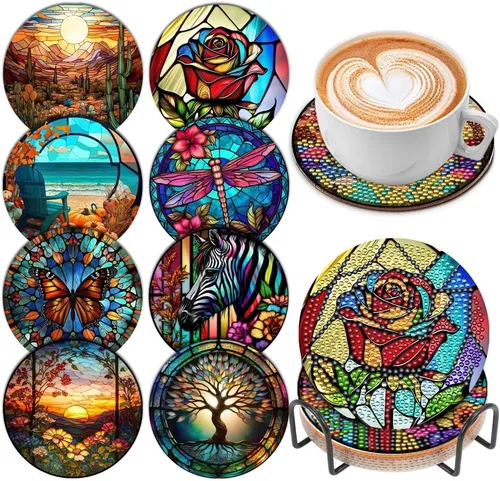 8 piezas de posavasos de arte de diamante con soporte, kits de pintura de arte de diamante de vidrio coloreado DIY para principiantes, suministros