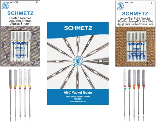 SCHMETZ Paquete combinado de agujas para máquina de coser elásticas y jersey/Ball Point (10 agujas en total y 1 guía de bolsillo SCHMETZ ABC)