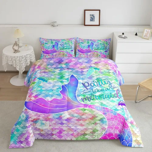 Miniatura 15 de Erosebridal Juego de edredón de sirena para niños, tamaño matrimonial, para niñas, ropa de cama de sirena brillante azul y rosa, juego de ropa