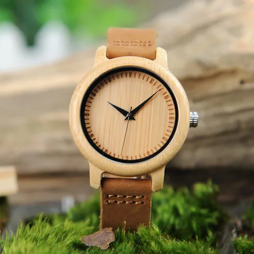 Miniatura 6 de BOBO BIRD Reloj de madera de bambú para hombre y mujer con correa de cuero de vaca marrón, relojes casuales de cuarzo analógico