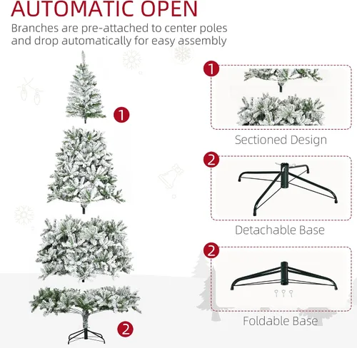 Miniatura 5 de HOMCOM Árbol de Navidad artificial de pino flocado de nieve sin luz de 9 pies de alto con ramas realistas, verde