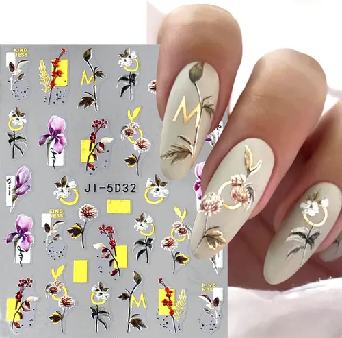 Miniatura 4 de Calcomanías de uñas bronceadas en relieve 5D, 3 hojas de flores de primavera, hierba, pájaro, calcomanías de arte de uñas, accesorios de uñas