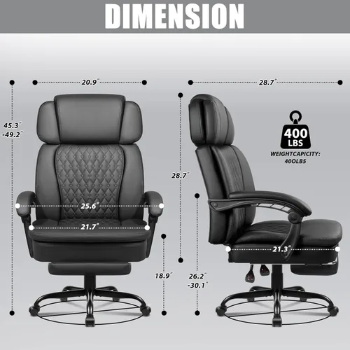 Miniatura 2 de LEMBERI Silla de oficina ejecutiva de 400 libras con reposapiés, silla de escritorio ergonómica resistente grande y alta con reposacabezas Negro