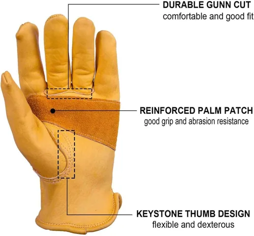 Miniatura 2 de OZERO Leather Work Gloves for Men, Cowhide Gardening Gloves with Reinforced Palm, Flexible Keystone Thumb, Elastic Wrist
