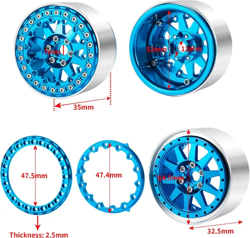 Miniatura 2 de Juego de 4 unidades de 2.2 pulgadas Beadlock llantas de rueda de metal para Axial Wraith SCX10 90048 RR10 TRX4 D90 RC Crawler Car (azul)