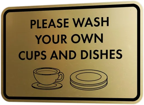 Miniatura 54 de Letrero clásico enmarcado con texto en inglés «Please Wash Your Own Cups and Dishes» (oro cepillado), pequeño