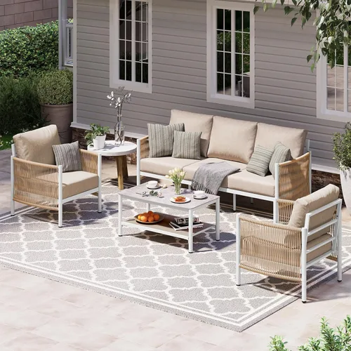 Miniatura 17 de Juego de muebles de aluminio para patio al aire libre con mesa de centro de doble capa, juegos de conversación de patio modernos de 4 piezas