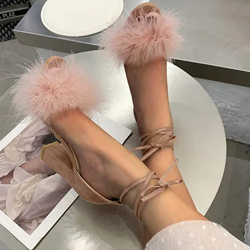 Miniatura 6 de ZiSUGP Sandalias de tacón alto con pompones y tacón ancho para mujer