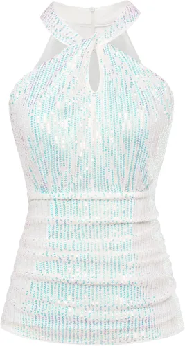 GRACE KARIN Camisetas de lentejuelas para mujer, elegantes camisetas halter con brillos, para fiesta, club, cóctel, ajustadas, fruncidas