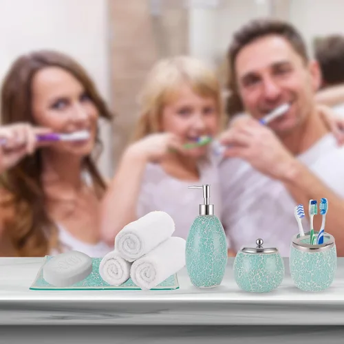 Miniatura 4 de Escenzy - Elegantes conjunto de accesorios de baño verde 4 piezas Lujoso dispensador de jabón de vidrio, soporte para cepillo de dientes, frasco