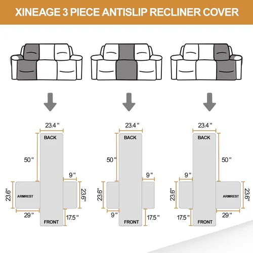 Miniatura 5 de XINEAGE Funda reclinable resistente al agua, fundas para sofá reclinable de 3 asientos con bolsillos, funda protectora acolchada gruesa para Gris