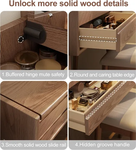 Miniatura 2 de KungFuWood Escritorio de Tocador de Madera con Espejo y Luces, Juego de Mesa de Tocador 3 Cajones, Tocador de Maquillaje Grande de 81 cm de Madera