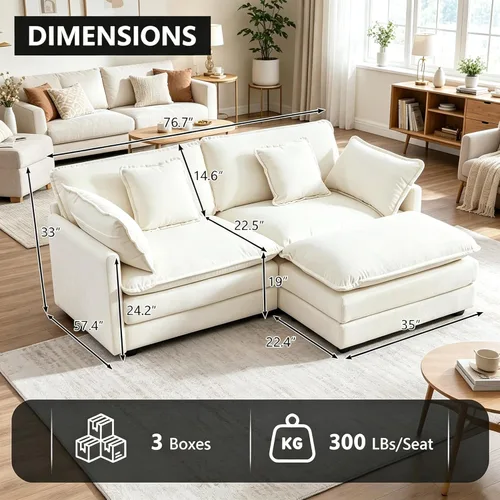 Miniatura 2 de Sofá modular modular con otomano: sofá moderno en forma de L de 76.7 pulgadas, cómodo sofá biplaza, sofá de 3 plazas de felpilla con almohada