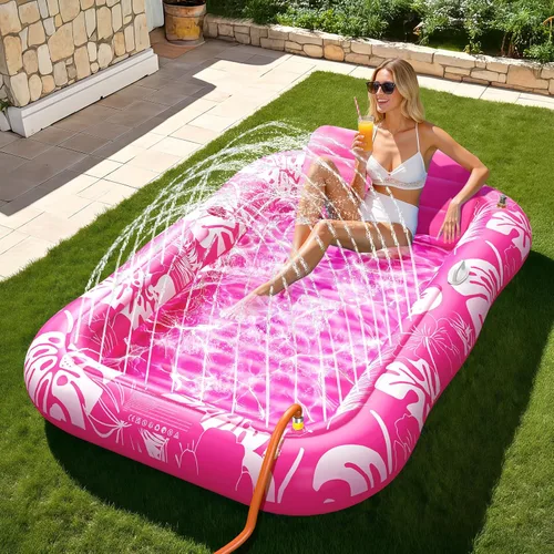 Miniatura 11 de Inflatable Tanning Pool Lounger Float with Sprinkler, 77" x 48" Pool Floats Adult with Pillow, 6 in 1 Suntan Tub Raft Floatie with Drink Holder Azul