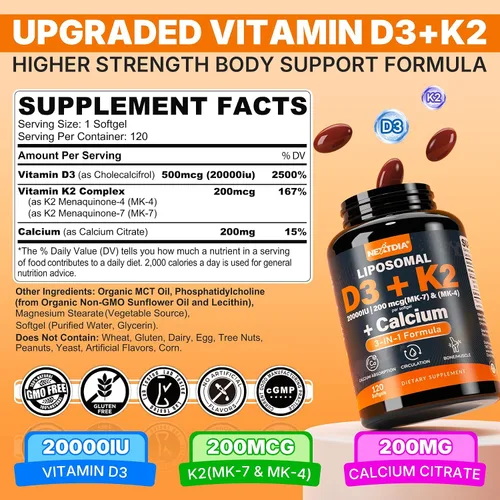 Miniatura 3 de Vitamina D3 20,000 UI + Vitamina K2 (MK4 y MK7) 200 mcg + citrato de calcio, vitamina D3 K2 Softgel óptimo - Hueso y músculo fuertes, absorción