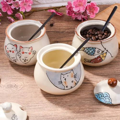 Miniatura 7 de Azucarero de cerámica con tapa y cuchara, azucarero japonés de 11.8 onzas con cuchara y tapa (estilo 1)
