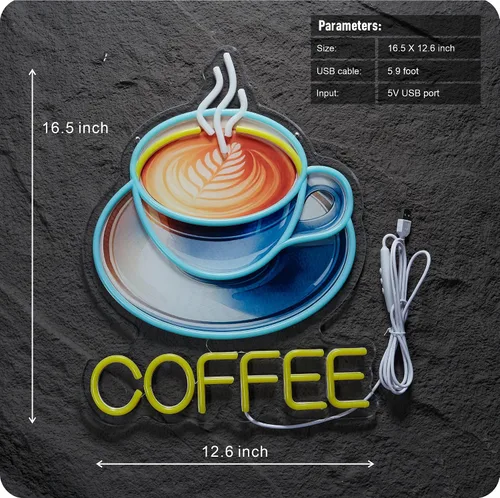 Miniatura 3 de Letrero de neón de café para negocios, alimentado por USB, regulable, para estación de bar y cafetería (16.5 x 12.6 pulgadas)