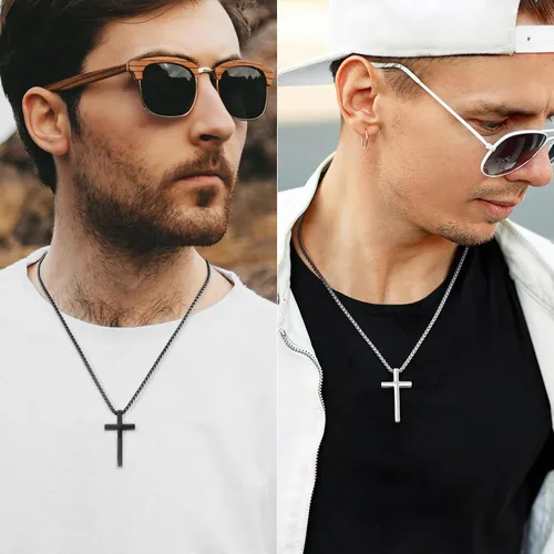 Miniatura 2 de 2 collares de cruz para hombre, colgante de acero inoxidable, cadena de cruces plateadas, negras, caja de regalo para 16 a 30 pulgadas