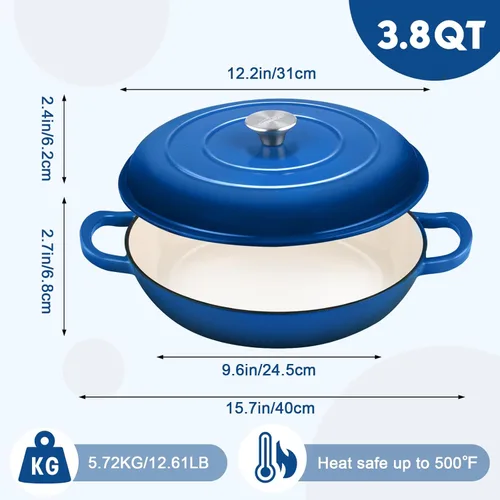 Miniatura 7 de Overmont Horno holandés de hierro fundido esmaltado, olla holandesa de 3.8 cuartos de galón con tapa, sartén poco profunda para estofar, cacerola