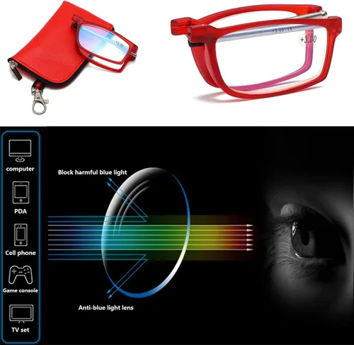 Miniatura 6 de Viseng Gafas de lectura plegables con luz anti-azul para hombres y mujeres con varilla telescópica portátil moda ultra ligera funda de cuero +3.5