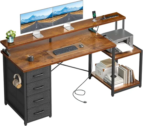 Miniatura 9 de ODK Escritorio para computadora de 55 pulgadas con 4 cajones, escritorio de oficina con luces LED y estantes de almacenamiento, mesa de estudio Negro