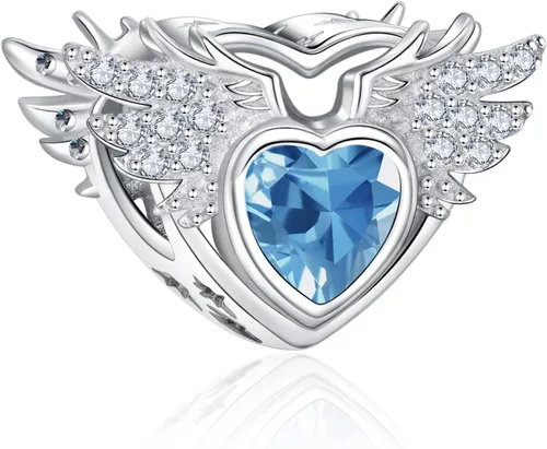 NINGAN Birthstone Charms for Charms Bracelet, Angel Wings 925 Sterling Silver Love Heart Bead Pendant Birthday Christmas Jewelry Gift for Women