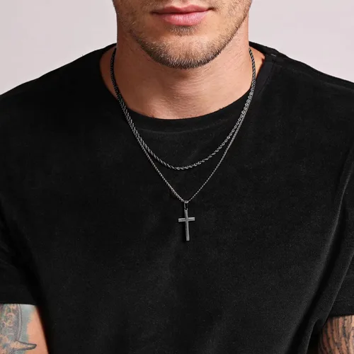 Miniatura 2 de Ursteel Collar de cruz para hombre, acero inoxidable, plateado, negro, oro, cadena de cuerda en capas, collar con colgante de cruz, joyería simple