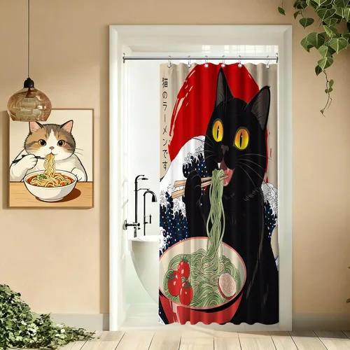 Cortina de ducha estrecha con diseño de gato negro y animé japonés para casa rodante, juegos de decoración de baño, tela impermeable con ganchos, 36