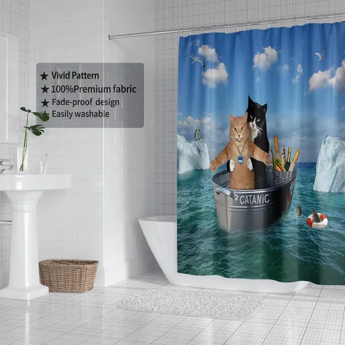 Miniatura 3 de Domoku Cortina de ducha de gato con diseño divertido de cosplay de gatito en pareja en el océano, cortinas de baño para gatos lindas y divertidas