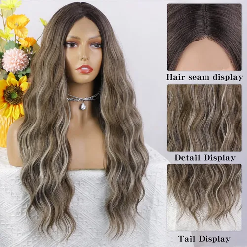 Miniatura 6 de AISI QUEENS Pelucas largas para mujer, onduladas, ombré, raya en medio, color marrón ceniza y rubio decolorado, pelucas rizadas de aspecto natural