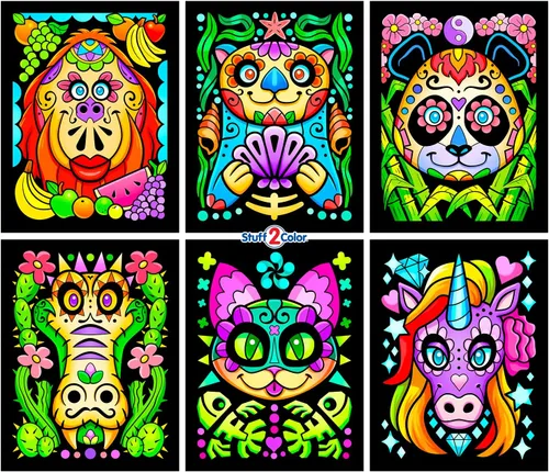 Stuff2Color Amazing Animals - Paquete de 6 pósteres de terciopelo negro mullido para colorear, (ideal para niños, adultos, actividades de grupo),