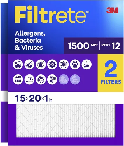 Filtrete Filtro de aire para horno de CA de 16 x 20 x 1, MERV 12, MPR 1500, certificado para asma y alergias, filtro de limpieza de aire