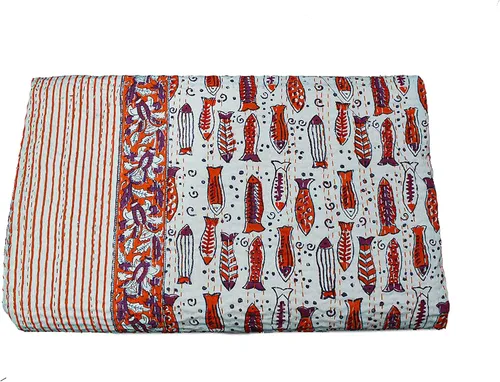 Miniatura 11 de Manta Kantha de retazos bohemios, manta de cama bohemia tamaño King, colcha Kantha con estampado de frutas, funda de cama Kantha hecha a mano Beige