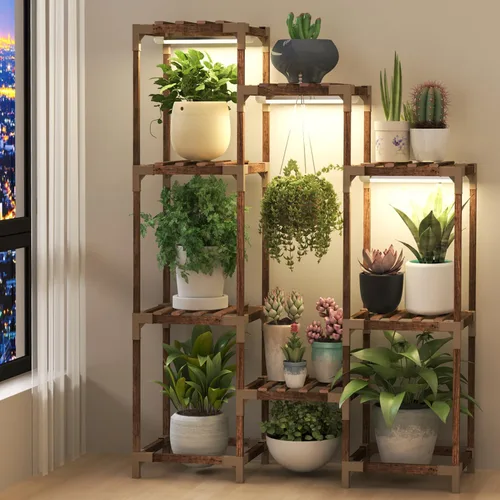 HOMKIRT Soporte para plantas con luz de crecimiento, estante iluminado para plantas de interior para múltiples plantas, estante alto de madera para
