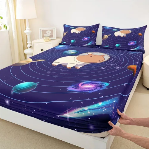Miniatura 4 de Erosebridal Lindas sábanas de Capybara para niños y niñas, diseño de universo azul, con temática del espacio exterior, juego de cama de Capybara
