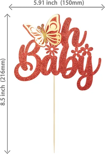 Miniatura 2 de Gyufise 1 pieza de mariposa Oh Baby Cake Topper Glitter Baby Shower Butterfly Cake Pick para revelación de género Baby Shower Niños fiesta de Rojo